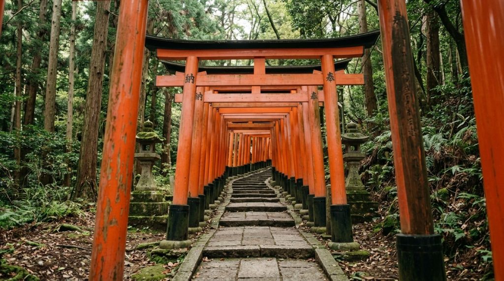 Red torii gates lining the path at Fushimi Inari Shrine, Kyoto