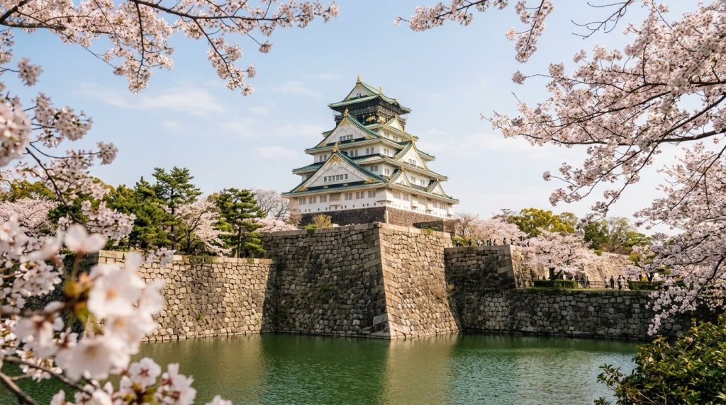Osaka Castle surrounded by its moat and cherry blossoms