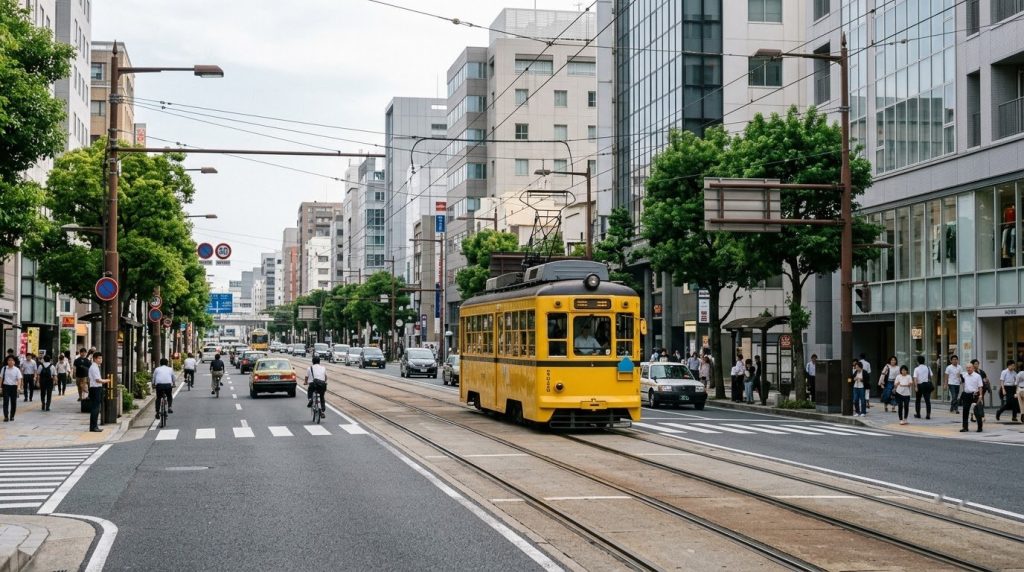 A Hiroden streetcar traveling through a wide street in central Hiroshima