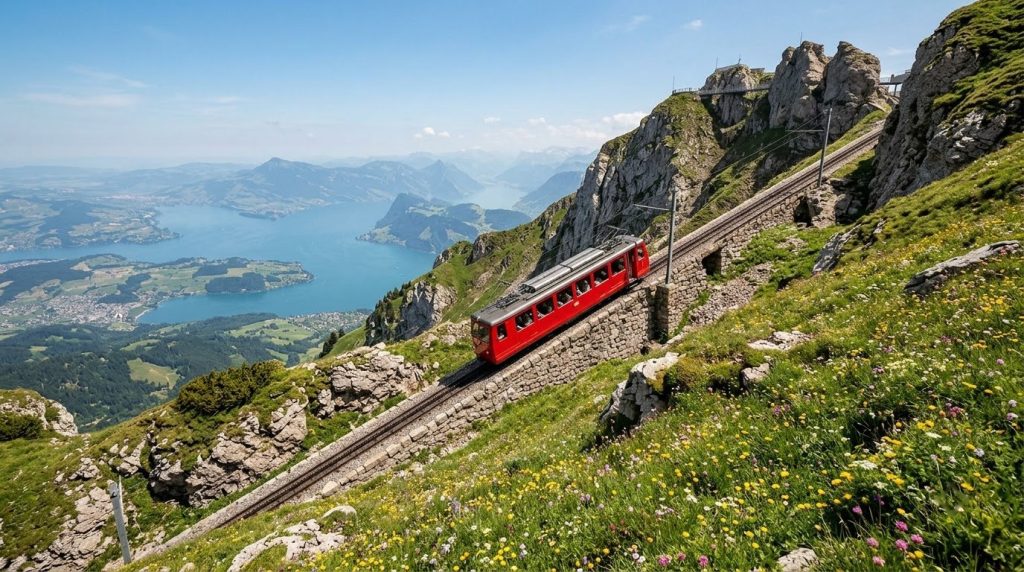 A cogwheel train climbing Mount Pilatus above Lucerne in summer