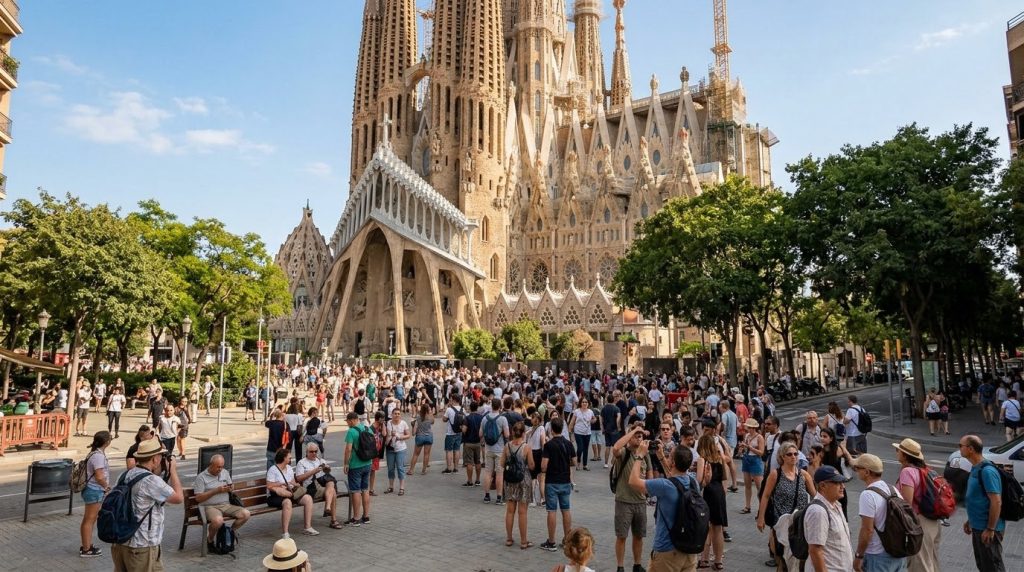 Crowds outside the Sagrada Familia basilica in Barcelona