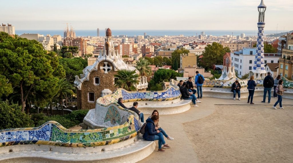 The mosaic terrace at Park Guell overlooking Barcelona's skyline
