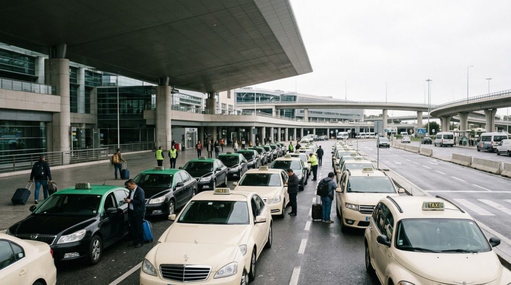 Taxis waiting outside the terminal at Lisbon's airport