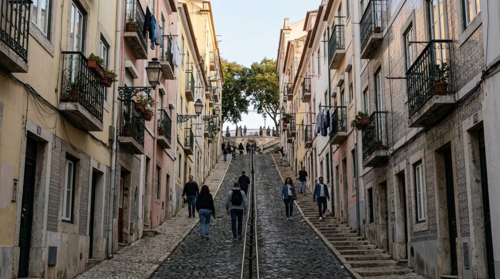 Steep cobblestone street lined with tiled houses in Lisbon's Alfama neighborhood