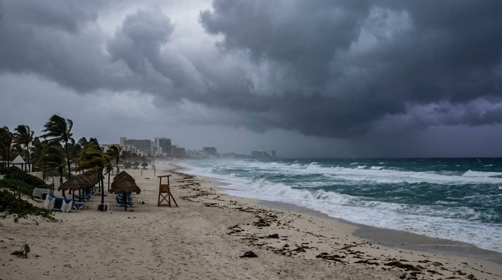 Storm clouds over a Cancun beach during hurricane season