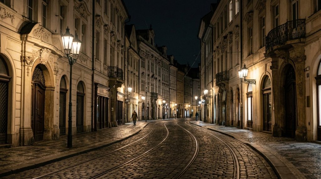 A quiet street near Wenceslas Square in Prague at night