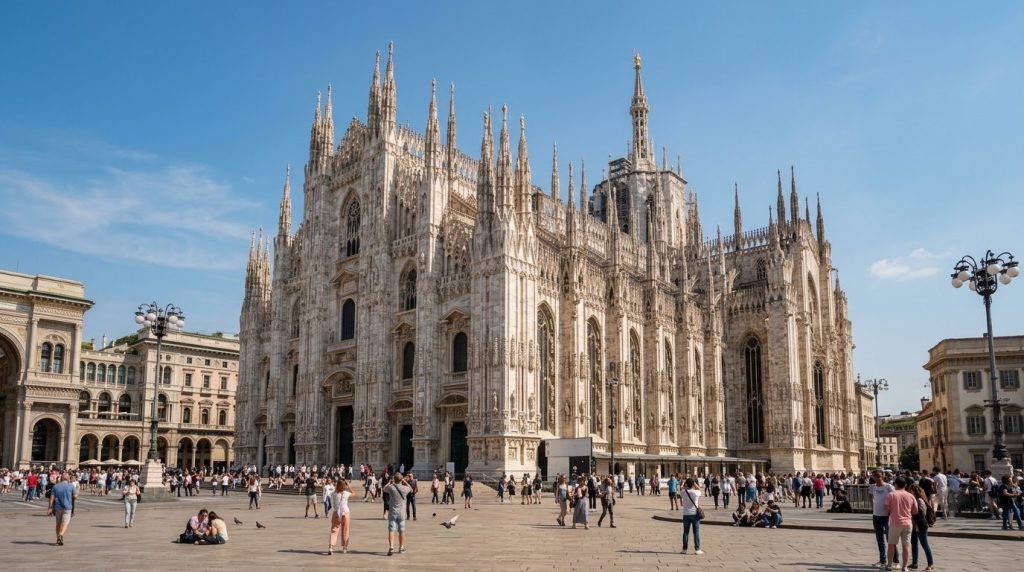 Milan's Duomo cathedral with its marble spires in the piazza