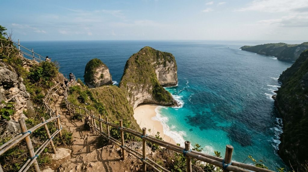 Cliffside view of Kelingking Beach on Nusa Penida island near Bali