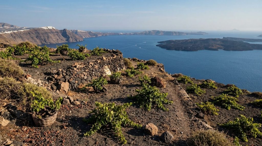 A vineyard on volcanic soil overlooking the Santorini caldera in Greece
