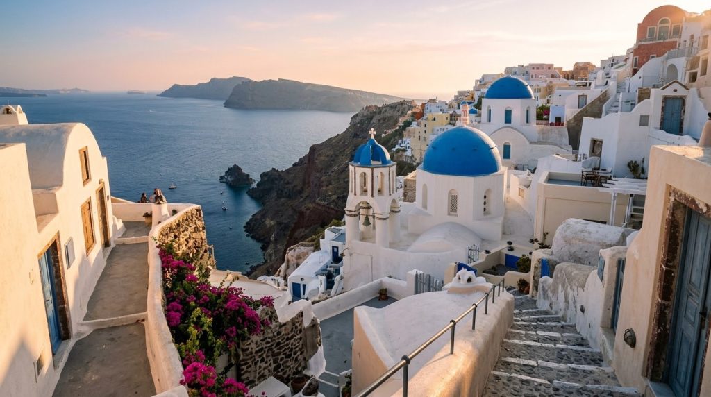 Whitewashed buildings and a blue dome overlooking the caldera in Oia, Santorini