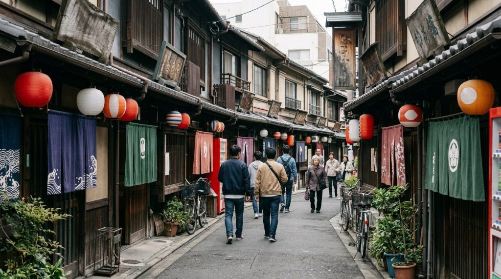 A traditional street in Asakusa, Tokyo, with lanterns and pedestrians