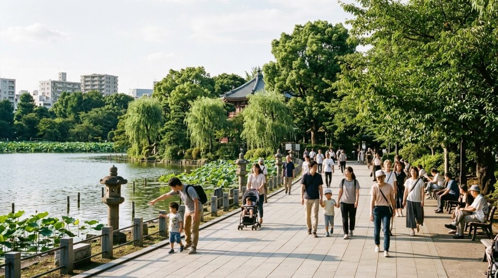 Families walking through a park with a pond in Ueno, Tokyo