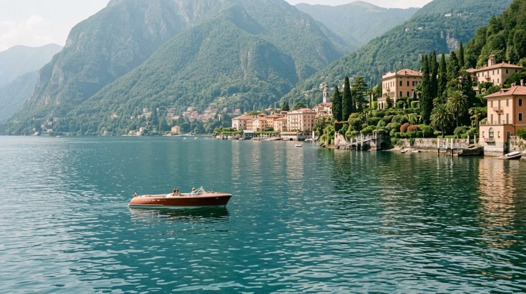 A boat on the calm waters of Lake Como with mountains in the background