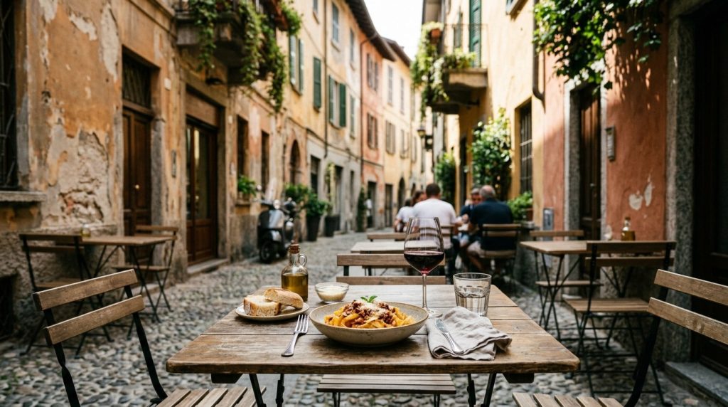 A trattoria table with pasta and wine on a side street in Como