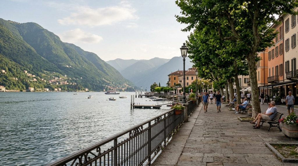 The waterfront promenade in Como town with the lake and mountains