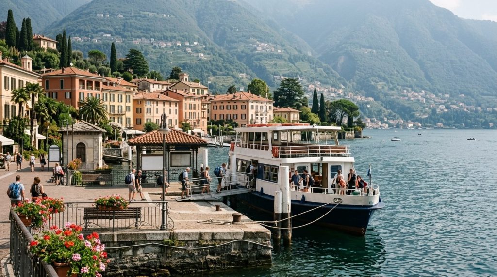A passenger ferry docked at the pier in Menaggio on Lake Como