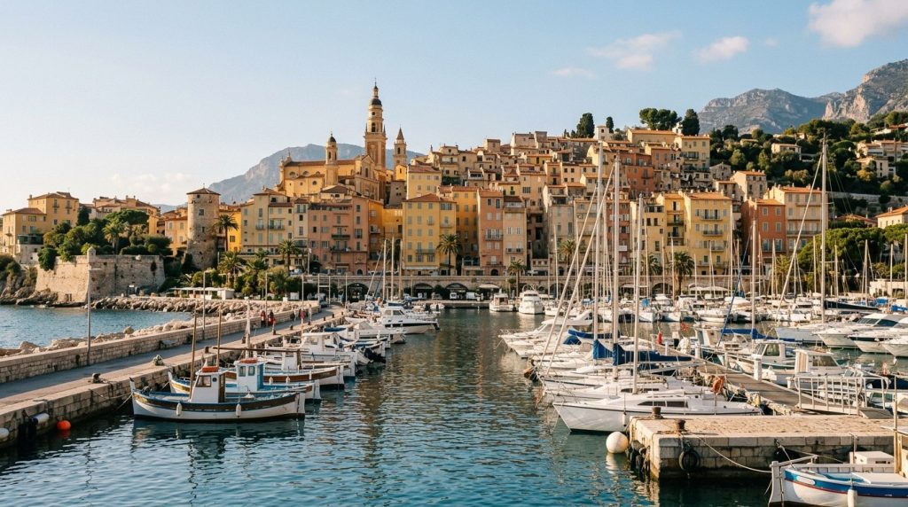Colorful waterfront buildings and harbor in Menton on the French Riviera