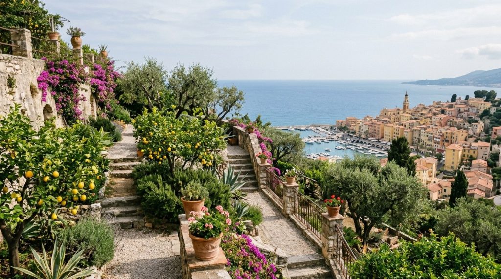 A terraced garden with lemon trees overlooking the sea in Menton