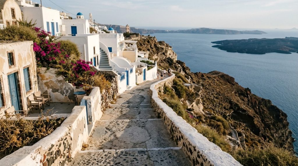 A quiet cliffside path above the caldera with whitewashed houses in Santorini