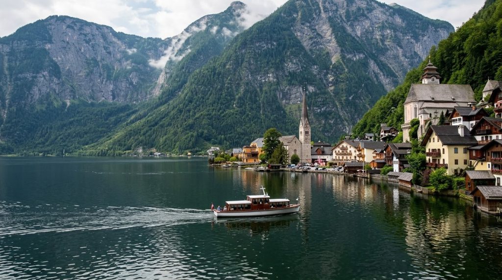 A ferry boat crossing the lake toward the village of Hallstatt, Austria