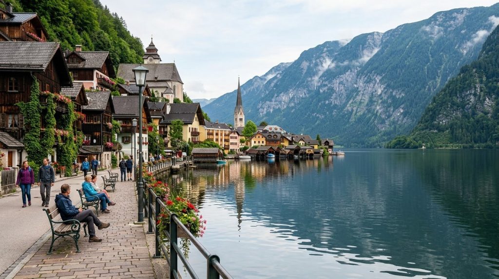 The lakeside promenade of Hallstatt, Austria, with mountains reflected in water