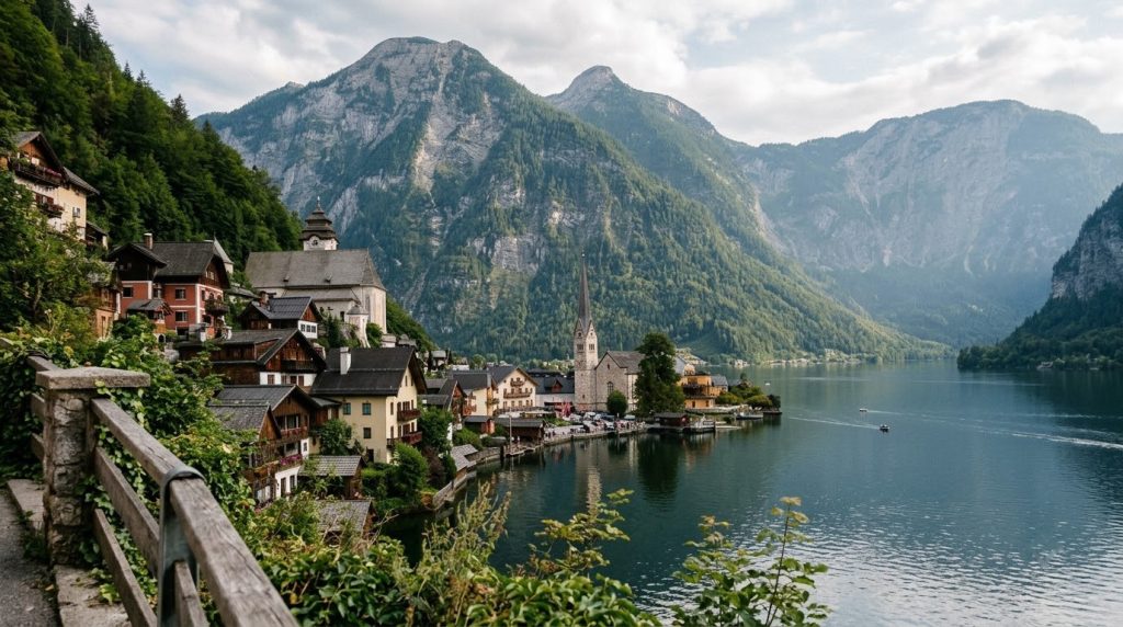 A viewpoint overlooking the lakeside village of Hallstatt, Austria