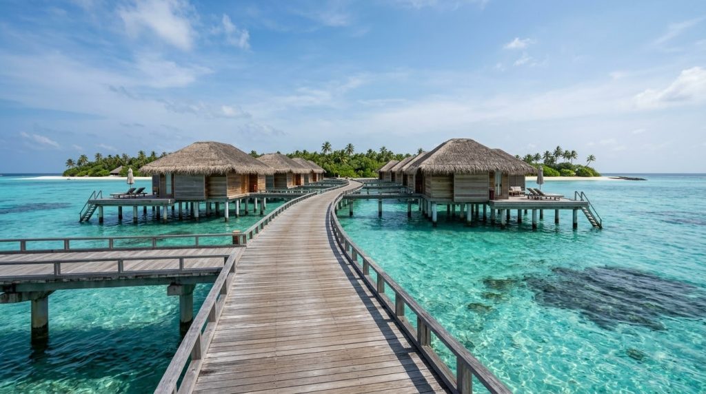 Overwater bungalows above a turquoise lagoon in the Maldives