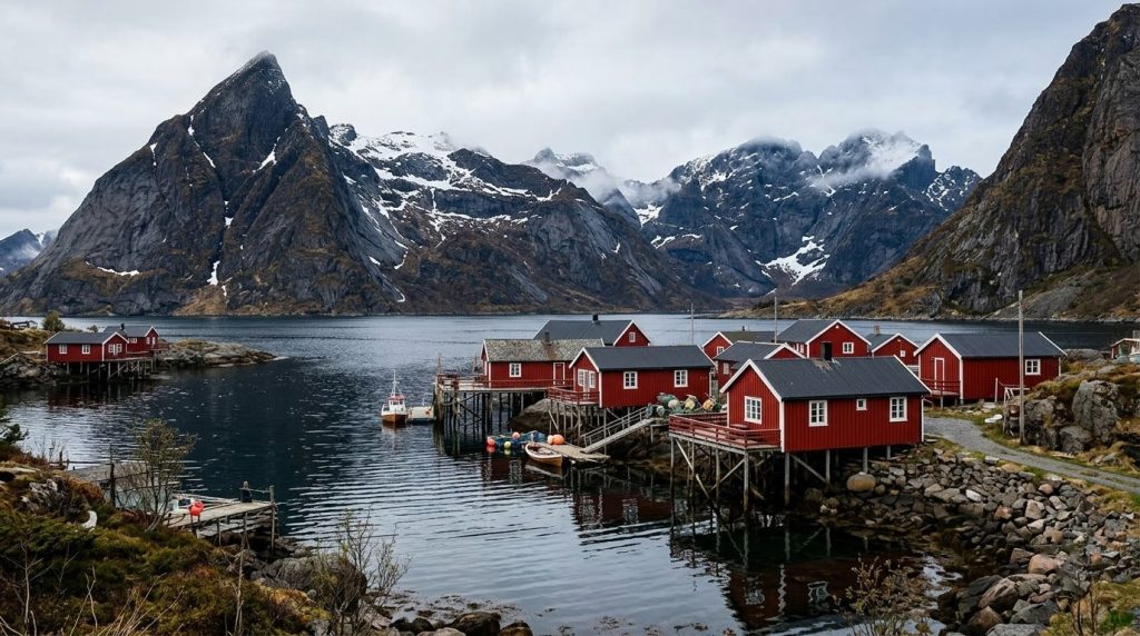 Red rorbu cabins beside a fjord in the Lofoten Islands, Norway