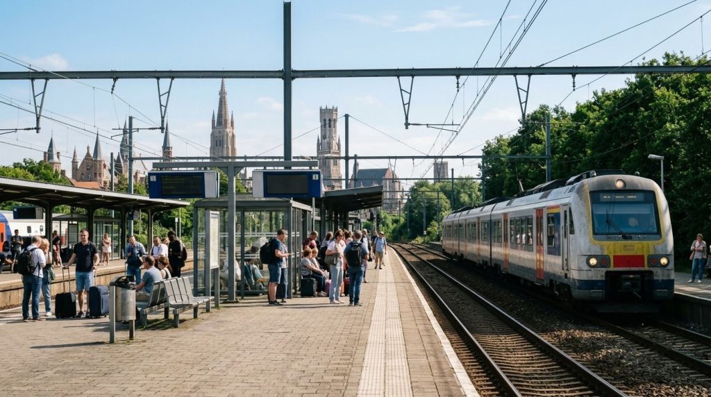 A regional train at a platform near historic Bruges, Belgium