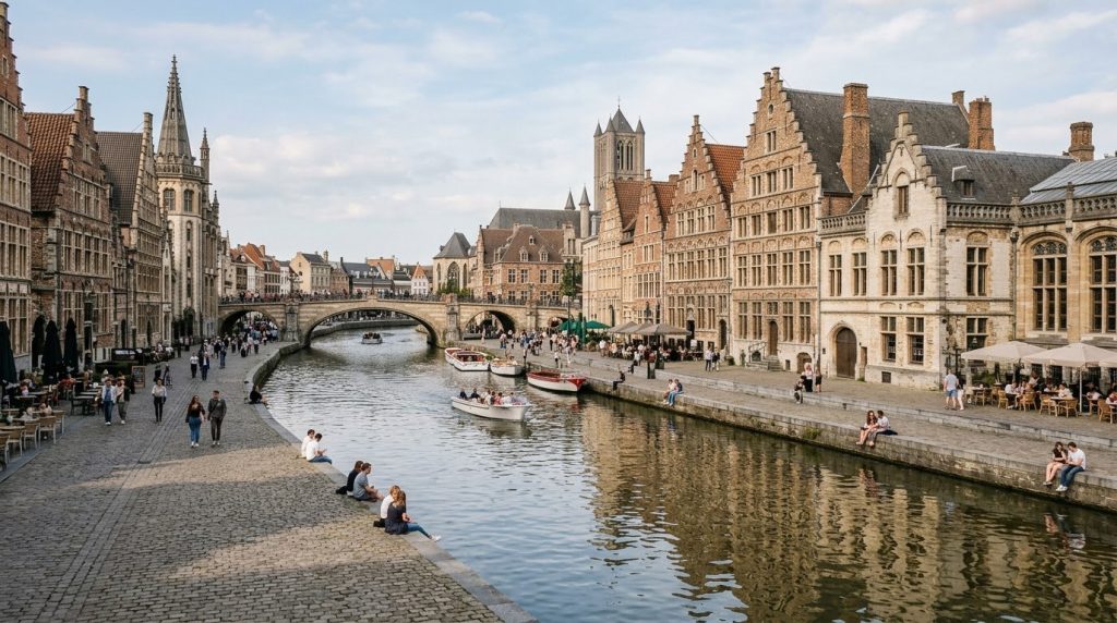A canal lined with medieval guild houses in Ghent, Belgium