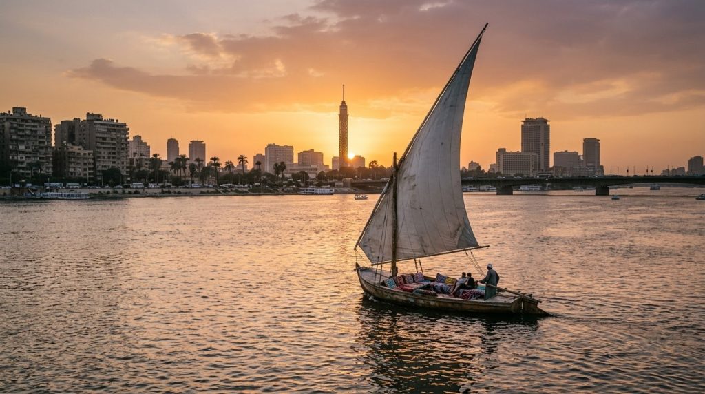 A traditional felucca sailboat on the Nile River in Cairo at sunset
