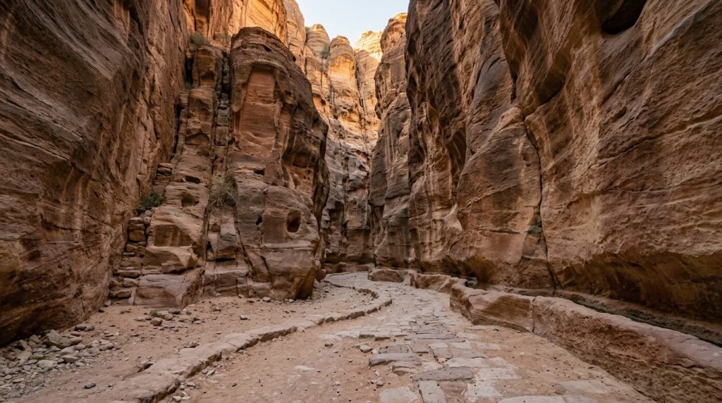 The narrow sandstone Siq canyon passage leading toward Petra, Jordan