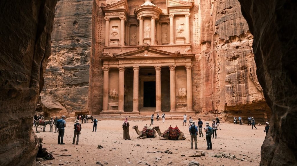The rose-colored Treasury facade carved into the cliff at Petra, Jordan