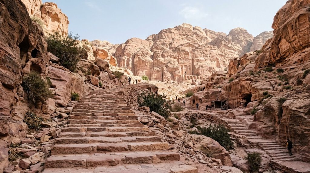 A stone staircase leading toward the Monastery at Petra, Jordan