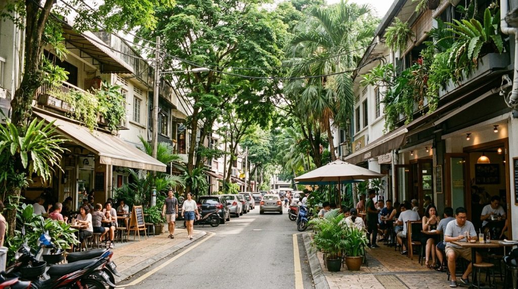 A leafy street with cafes in the Bangsar neighborhood of Kuala Lumpur