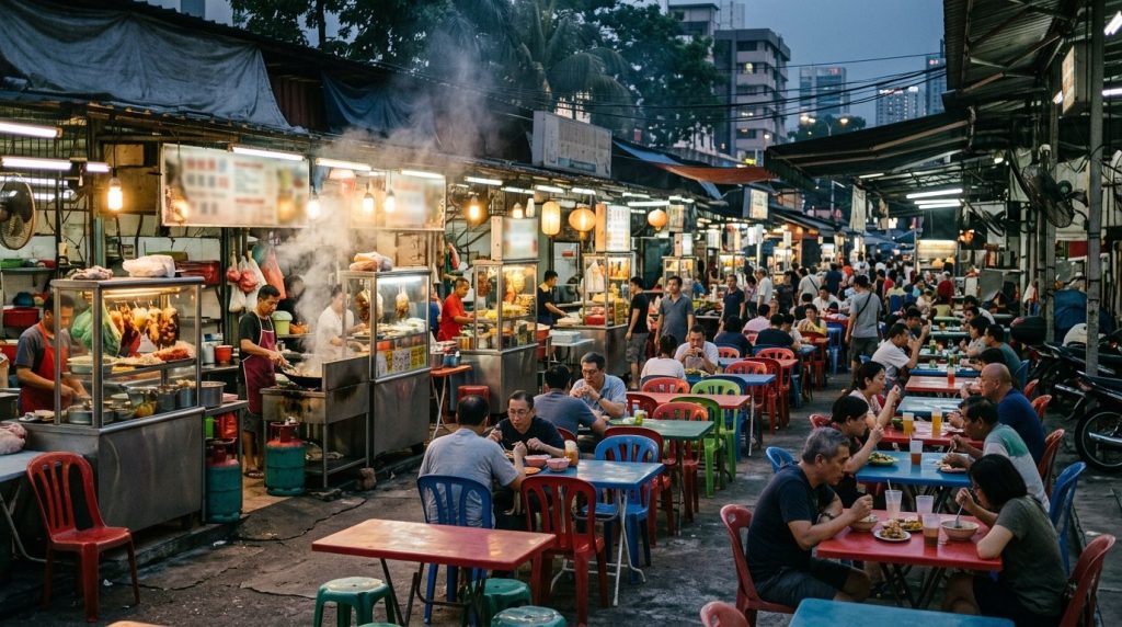 An open-air hawker food centre with tables in Kuala Lumpur, Malaysia