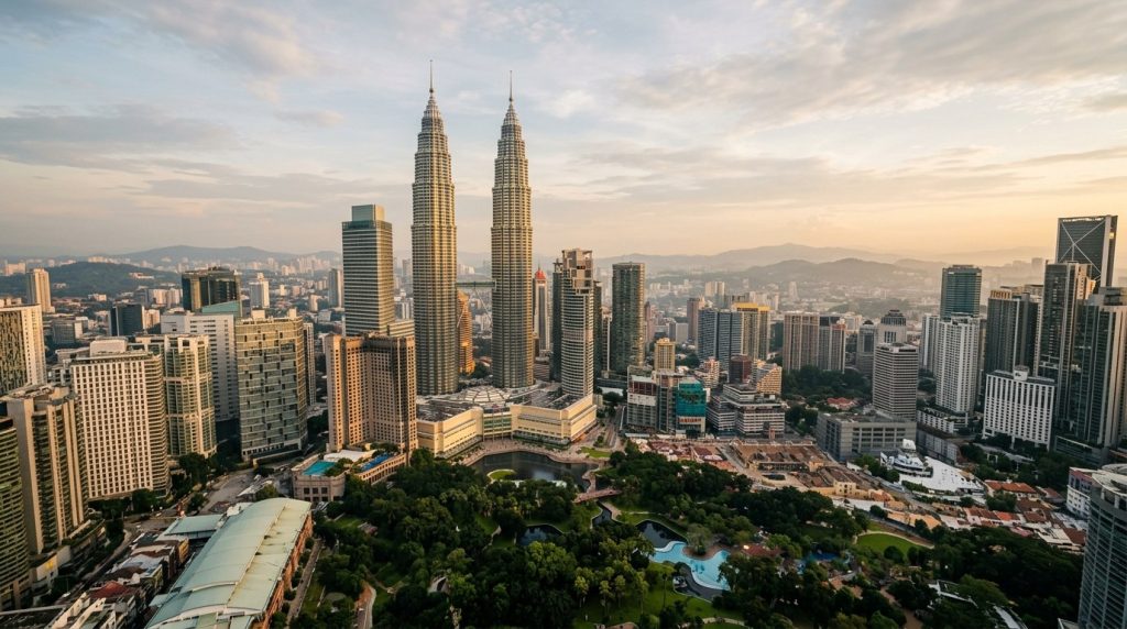 The Petronas Towers rising above the Kuala Lumpur skyline