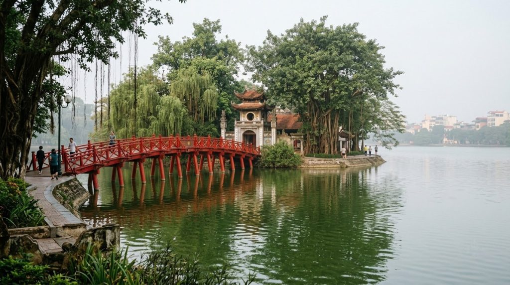 The red bridge and pagoda at Hoan Kiem Lake in central Hanoi