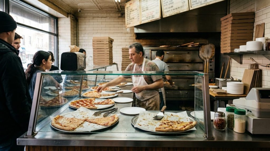 A classic pizzeria counter with slices on display in Brooklyn, New York
