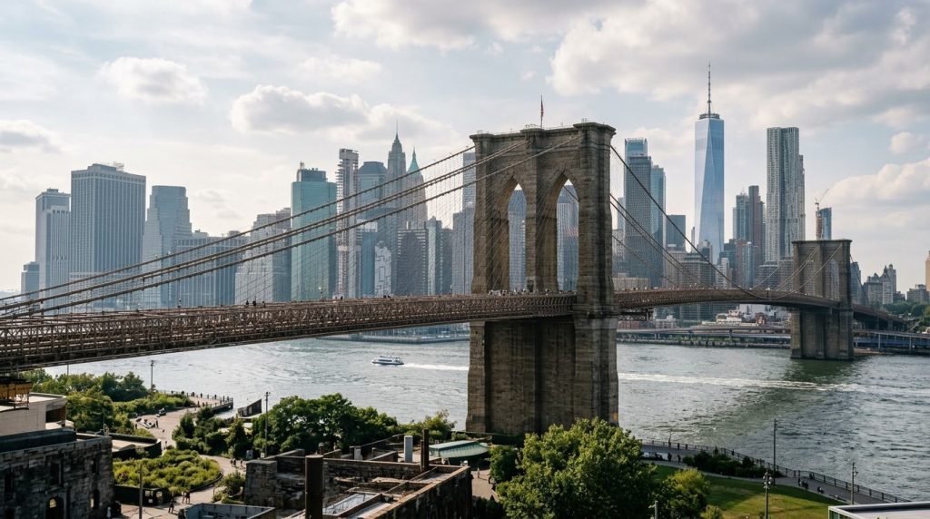 The Brooklyn Bridge with the Manhattan skyline in New York City