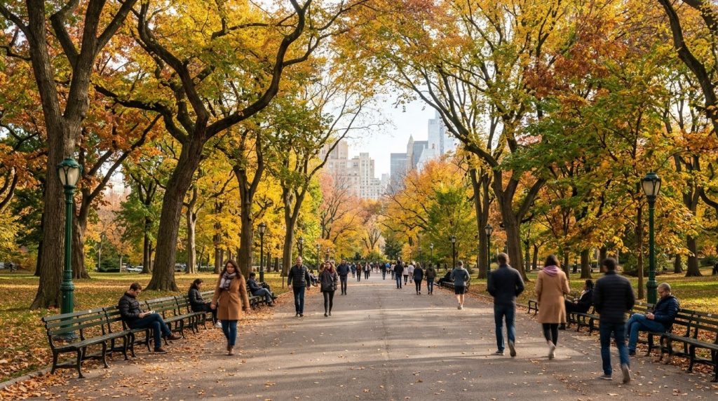 A tree-lined path with autumn foliage in Central Park, New York City