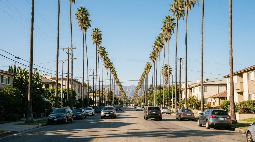 A palm tree lined street with cars in Los Angeles, California