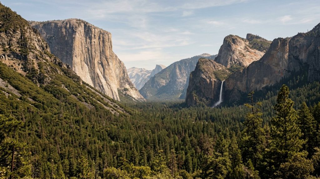 Yosemite Valley with granite cliffs and waterfalls seen from Tunnel View