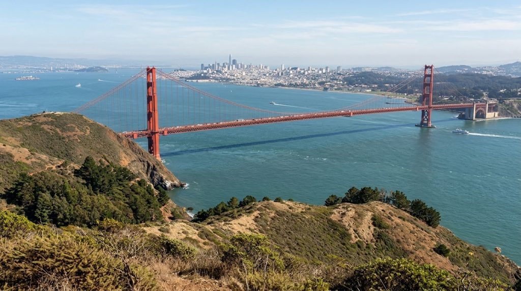 The Golden Gate Bridge spanning the bay near San Francisco