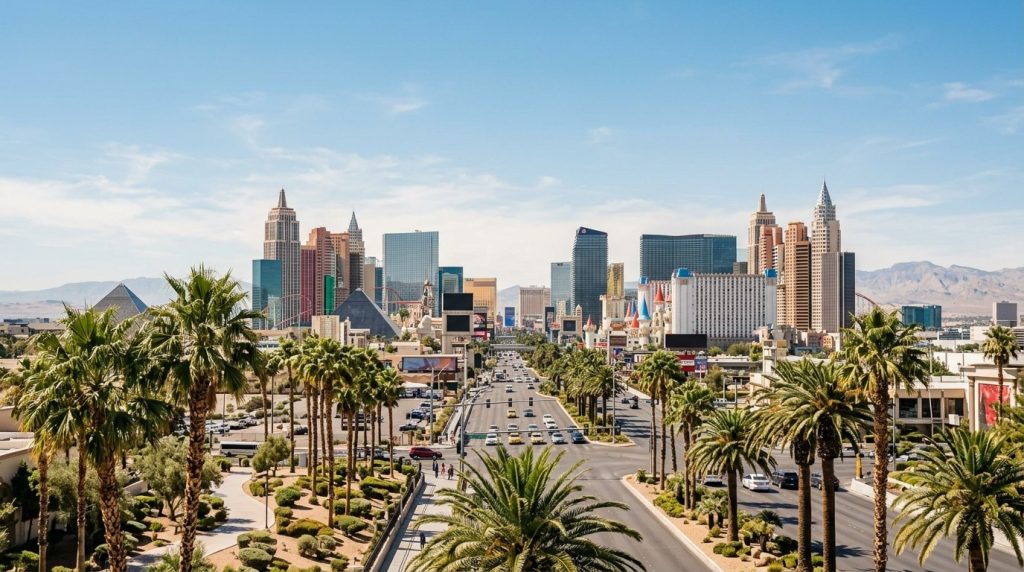A daytime view of the Las Vegas Strip skyline with palm trees