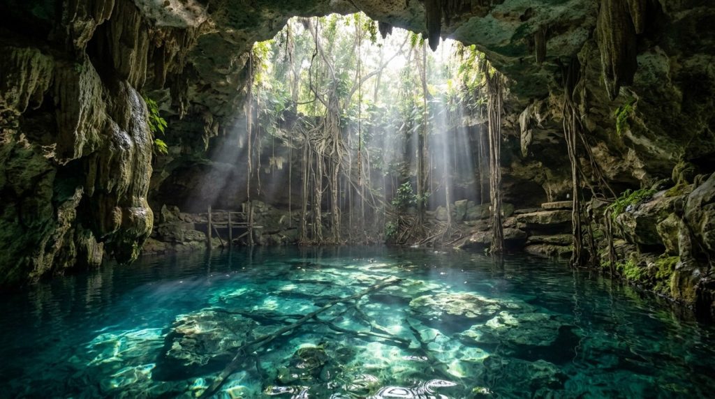A turquoise cenote with limestone formations and light beams near Tulum
