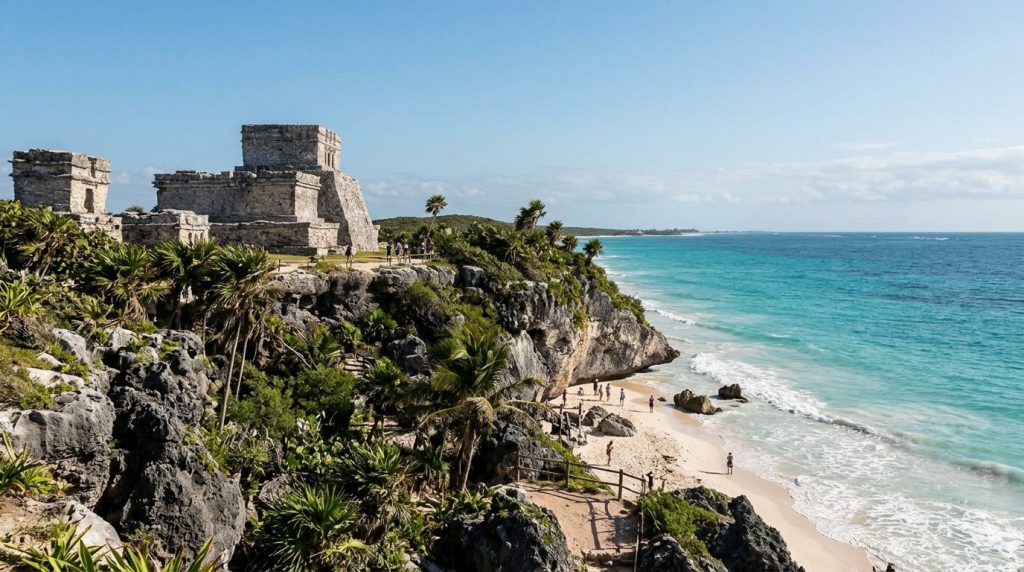 Ancient ruins on a cliff overlooking a turquoise beach in Tulum