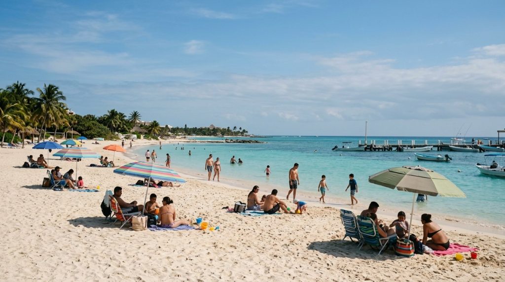 A sandy beach with calm turquoise water at Playa Tortugas in Cancun