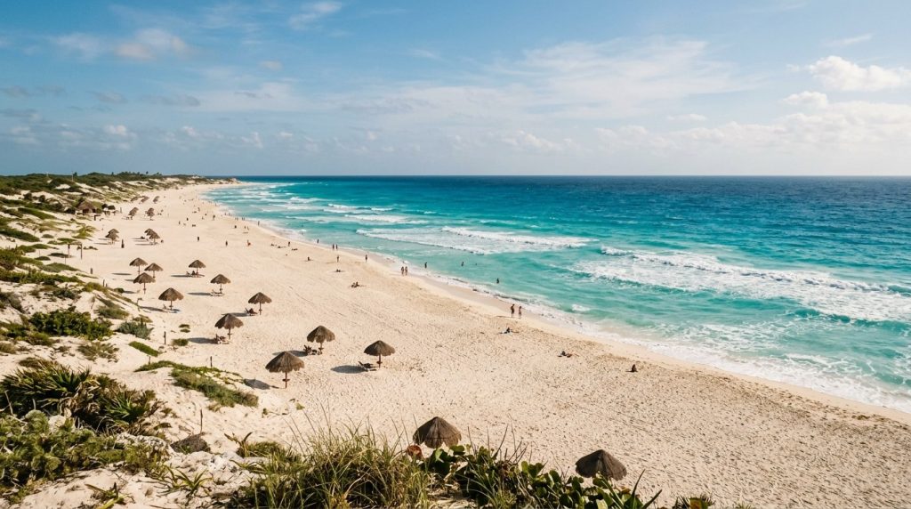 A wide sandy beach with turquoise water at Playa Delfines in Cancun