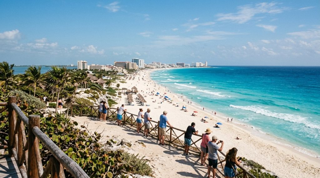 A scenic viewpoint over a turquoise beach in the Cancun Hotel Zone
